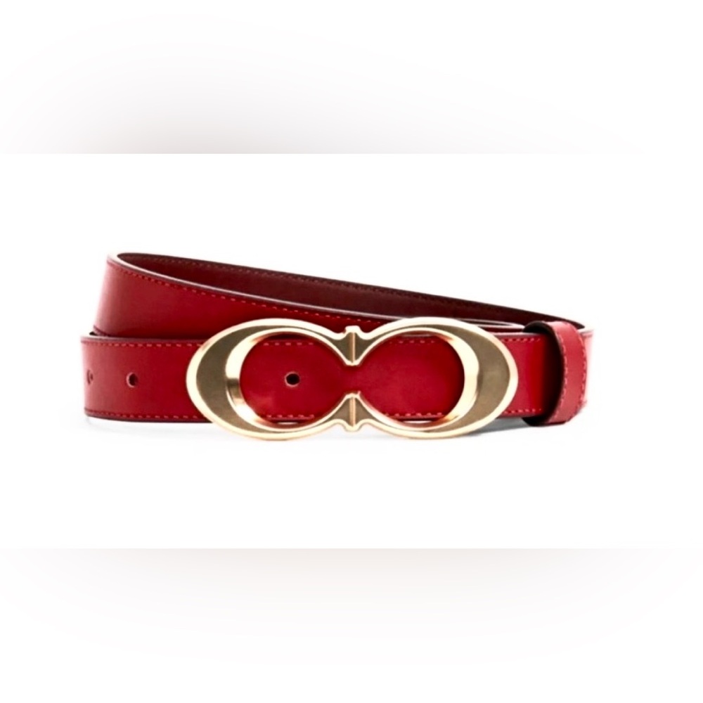 NEW COACH Signature Gold Buckle Red Leather Belt. Sz XL. Adjustable. MSRP $128.